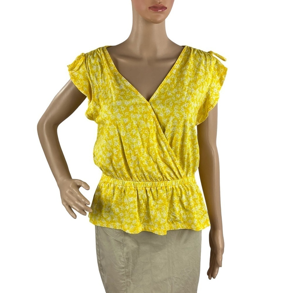 MICHAEL Michael Kors Yellow Floral Peplum Top Flutter Sleeve Size M
